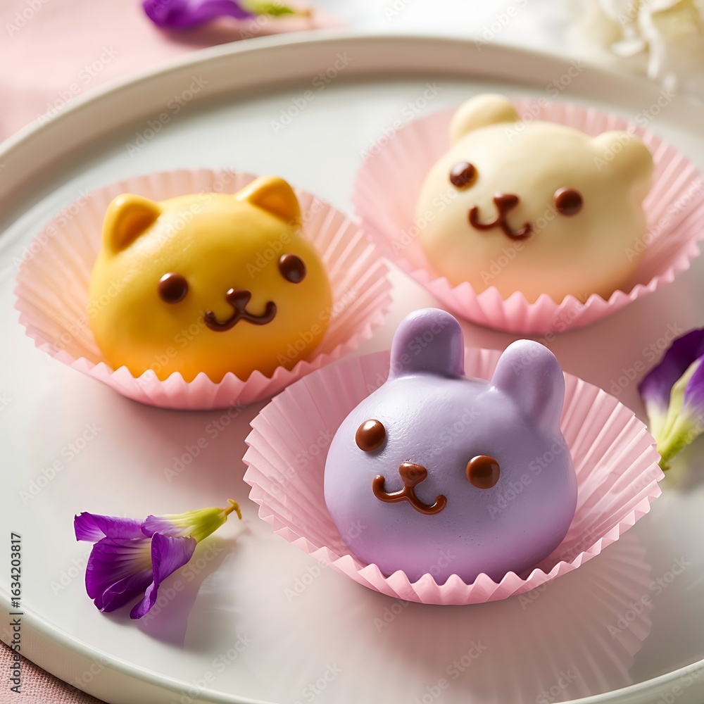 Naklejka premium Three cute animal shaped desserts on a white plate