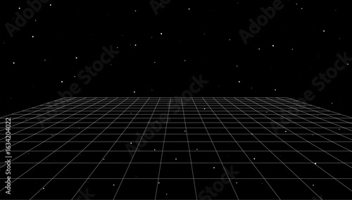 Futuristic, minimalistic perspective grid on black background with stars. Simple geometric layout for backgrounds, digital themes, or retro inspired designs.