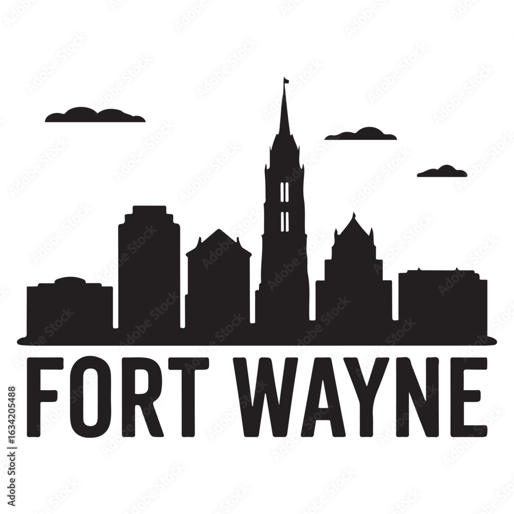 Obraz premium Fort Wayne skyline, monochrome silhouette. Vector illustration. Vector black silhouette. with white background.