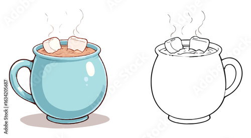 Hot Chocolate Mug Illustration - Dual Style Color and Line Drawing with Marshmallows and Steam