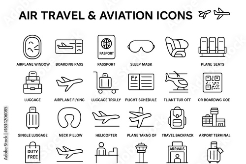 Air Travel and Aviation Line Icons – Airplanes, Boarding Pass, Airport Elements, Safety, and Flight Travel

