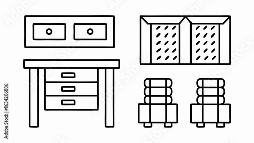 Outline drawing of a vanity with drawers and mirror next to a cabinet and stacked towels on stands silhouette