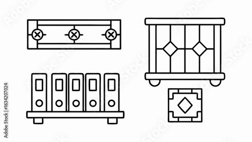 Outline illustration featuring a shelf with binders a window and a light fixture and a tile design silhouette