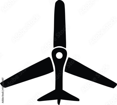 A stark black silhouette of a three bladed wind turbine with its blades spread wide against a stark white background