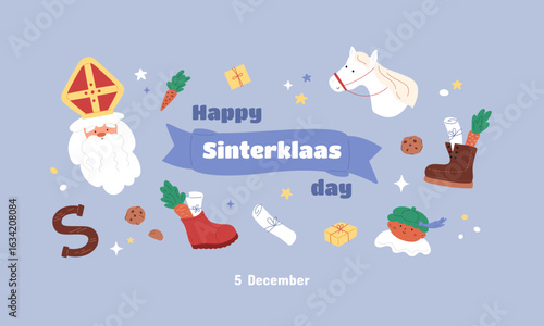 Happy Sinterklaas day with traditional holiday elements. Christmas Greeting card, celebrate invitation design. Vector illustration. Saint Nicolas portrait, doodle horse, sweets and letters in boots.