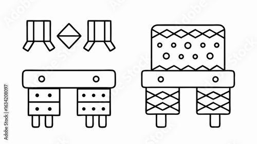 Illustration of a desk with drawers and a chair with patterned upholstery in a simple outline style silhouette