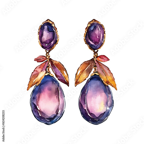 Elegant Watercolor Earrings with Amethyst Gemstones and Gold watercolor.vector transparent background cutout