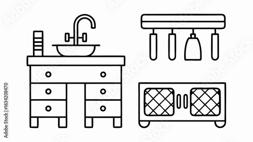 Illustration of a bathroom vanity with a sink, a cabinet with doors, and hanging towels in line art style silhouette