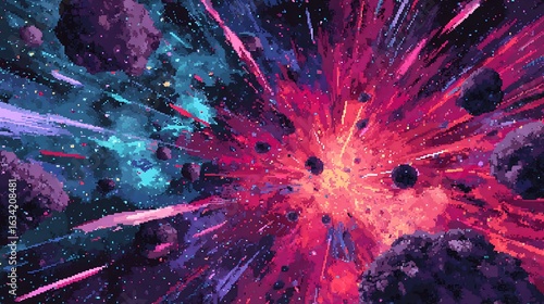Pixel art cosmic explosion with asteroids and vibrant energy burst