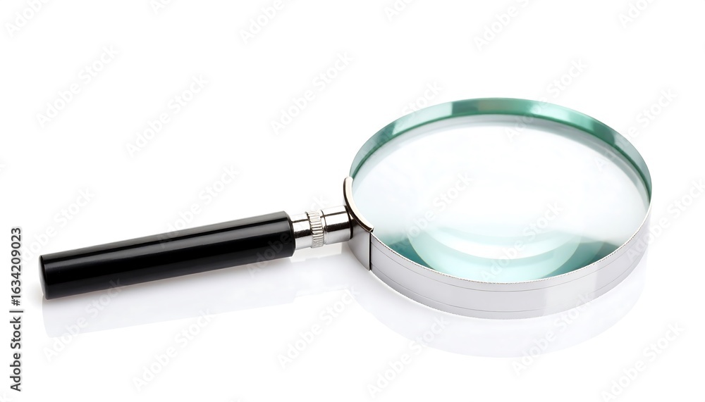 Magnifying glass with a black handle and silver rim, isolated on a clean white background with subtle reflection. Magnifying glass with a black handle and silver rim, isolated on a clean white background with subtle reflection.