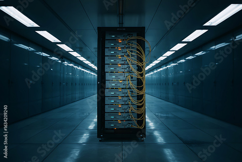 Single Server Rack in a Dark Data Center Corridor with Yellow Cables and Overhead Lights server room