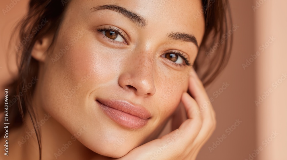 Obraz premium Radiant Beauty: A close-up portrait of a woman with naturally glowing skin and a serene expression, conveying inner peace and healthy vitality. 