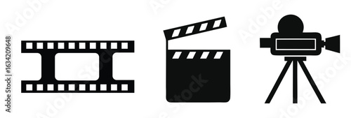 A collection of classic cinema icons featuring a video camera, film reel, and action cut symbol, presented on a clean white background.
