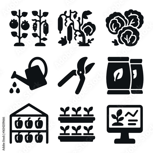 Vegetable Growing Icons. Solid, filled icons set of intensive vegetable growing: tomato plants, cucumber vines