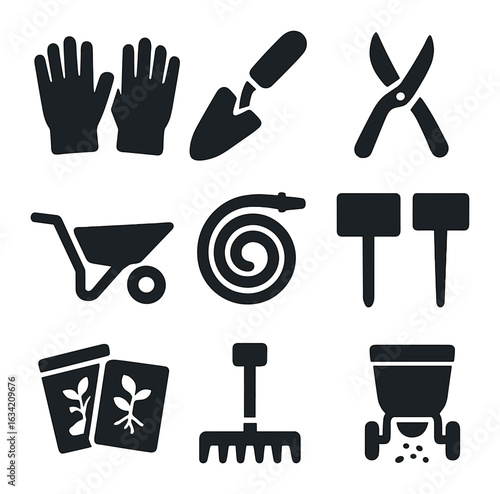 Vegetable Gardening Tools Icons. Solid, filled icons set of vegetable cultivation tools: garden gloves, hand