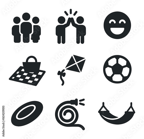 Fun Family Icons. Solid, filled icons set of fun family activities: group of people, high five, laughter,