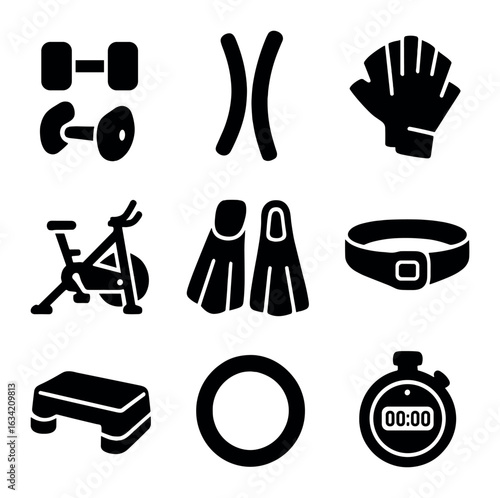 Aquatic Workout Icons. Solid, filled icons set of aquatic workout equipment: water weights, pool noodles,