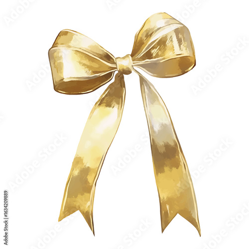 Golden Bow with Hanging Ribbons on White Background Keywords: watercolor.vector transparent background cutout