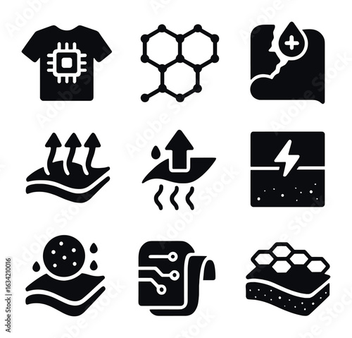 Futuristic Fabric Icons. Solid, filled icons set of futuristic fabrics and materials: smart textile, graphene