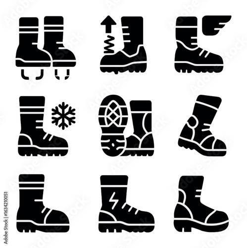 Space Explorer Footwear Icons. Solid, filled icons set of space explorer footwear: magnetic boots, shock