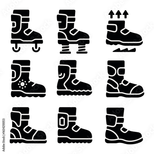 Space Explorer Footwear Icons. Solid, filled icons set of space explorer footwear: magnetic boots, shock