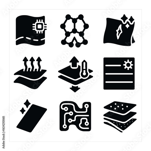 Futuristic Fabric Icons. Solid, filled icons set of futuristic fabrics and materials: smart textile, graphene
