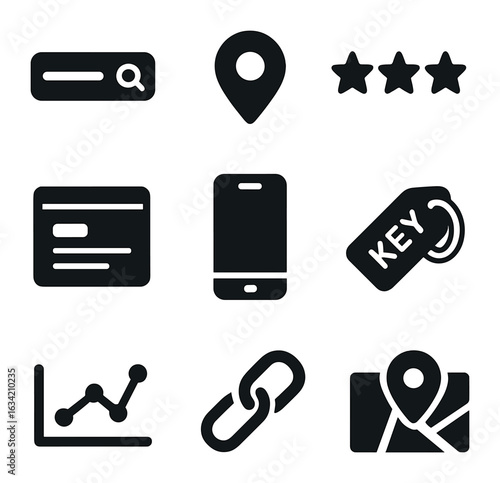 Local SEO Icons. Solid, filled icons set of local SEO and online presence: search bar, location marker, review