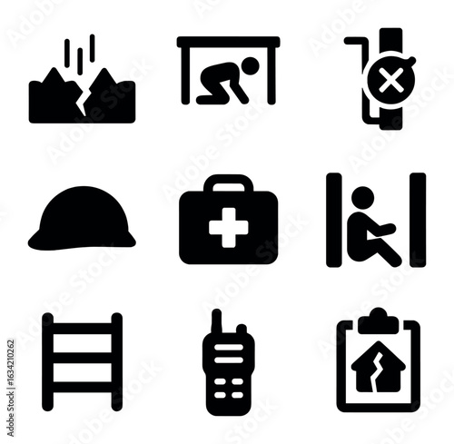 Earthquake Preparedness Icons. Solid, filled icons set of earthquake readiness: shaking ground, emergency