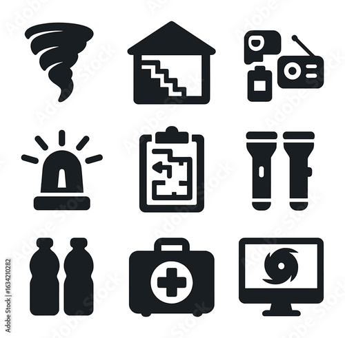 Tornado Safety Icons. Solid, filled icons set of tornado safety: tornado funnel, safe basement, emergency