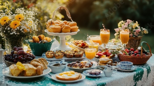 Delightful Outdoor Brunch Spread with Fresh Baked Goods and Drinks