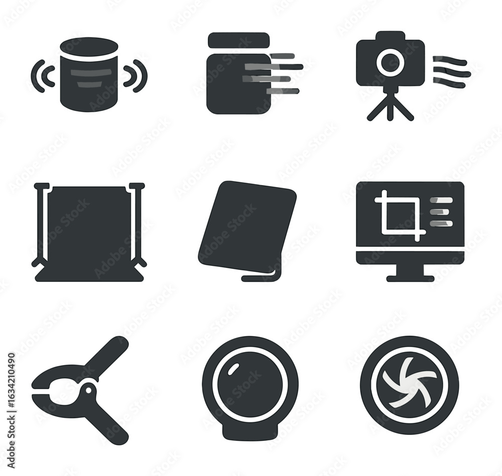 Product Photography Icons. Solid, filled icons set of product photography with motion blur: spinning product,
