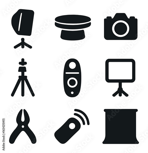 Studio Equipment Icons. Solid, filled icons set of studio setup for product photography: softbox, turntable,