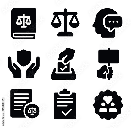 Civic Rights Icons. Solid, filled icons set of civic rights and responsibilities: constitution book, legal