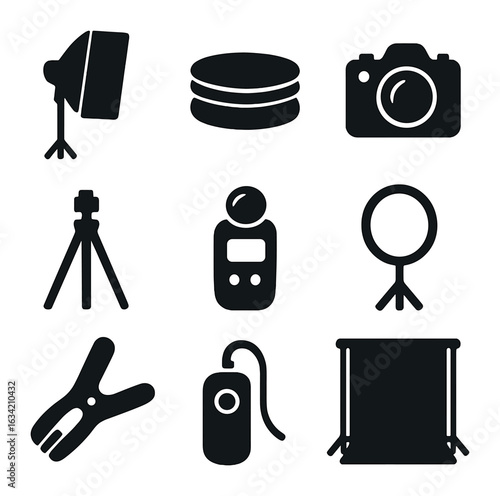 Studio Equipment Icons. Solid, filled icons set of studio setup for product photography: softbox, turntable,
