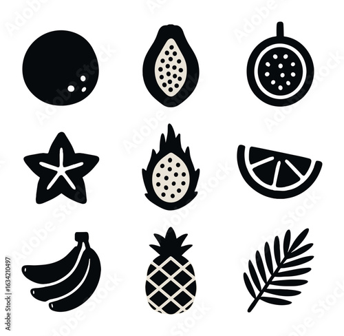 Tropical Fruits Icons. Solid, filled icons set of tropical summer fruits on kitchen counter: coconut, papaya,