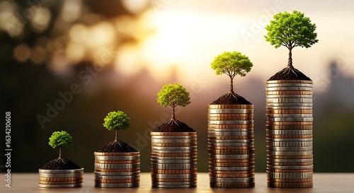 Coins and money growing plant for finance and banking, saving money or interest increasing concept