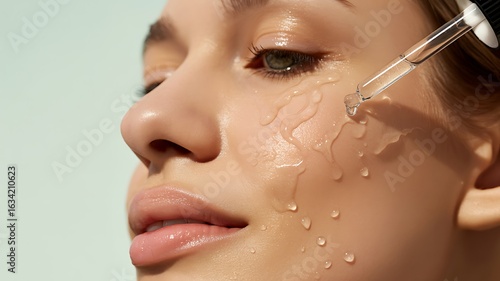 Woman applying serum with dropper to hydrated skin