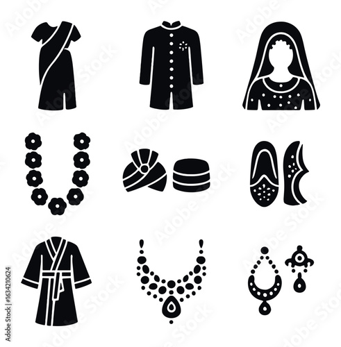 Ethnic Wedding Icon Set. Solid, filled icons set of ethnic wedding attire: bridal sari, groom’s sherwani,