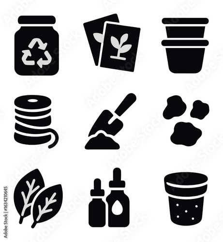 Eco-Crafting Icons Collection. Solid, filled icons set of eco-crafting with plants: recycled glass jar, paper