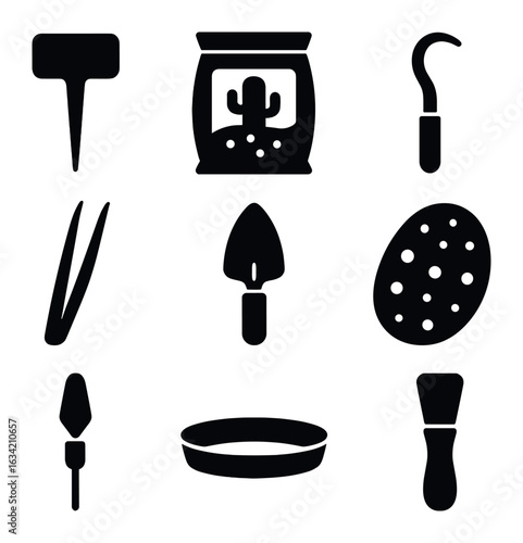Succulent Care Icons. Solid, filled icons set of succulent care supplies: plant label stick, cactus soil bag,