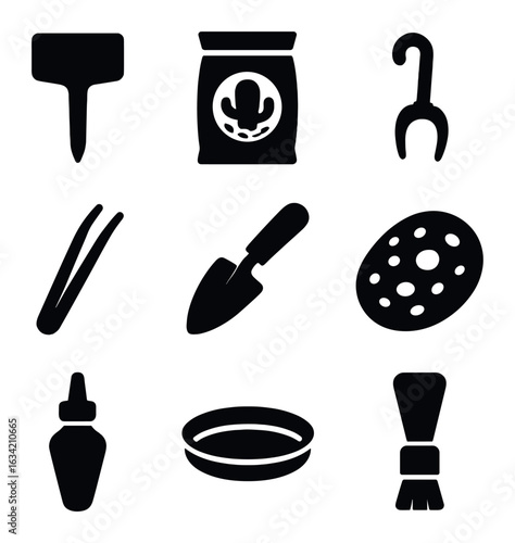 Succulent Care Icons. Solid, filled icons set of succulent care supplies: plant label stick, cactus soil bag,
