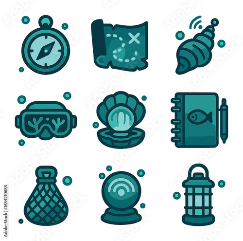 Underwater Exploration Icons. Solid, filled icons set of underwater exploration tools: bubble compass, glowing