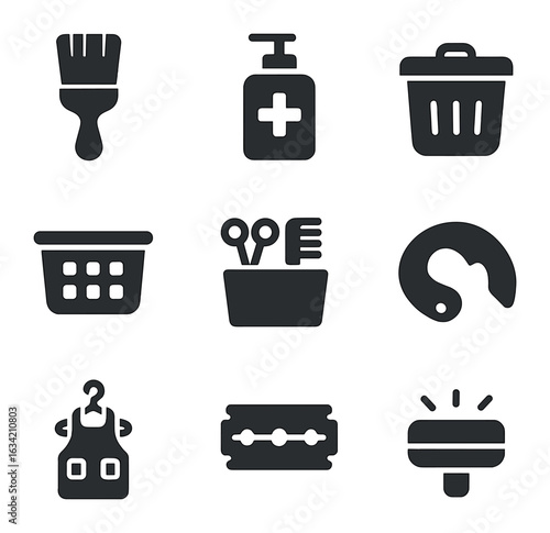 Hair Salon Essentials. Solid, filled icons set of hair salon maintenance items: cleaning brush, sanitizer