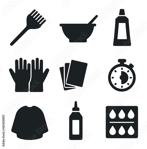 Hair Dye Accessories. Solid, filled icons set of hair dyeing accessories: dye brush, mixing bowl, color tube,