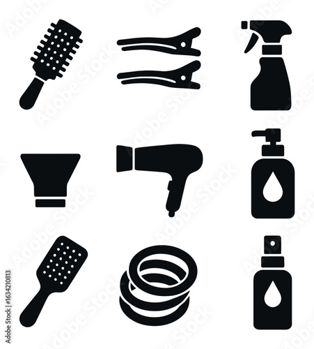 Blowout Essentials Icons. Solid, filled icons set of blowout essentials: round brush, section clips, heat