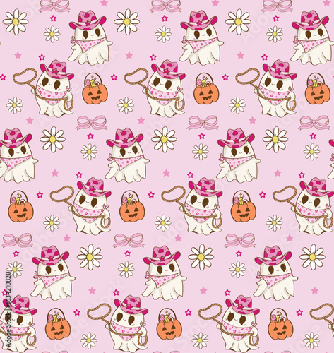 Pastel Kawaii Halloween Cowboy Ghost Seamless Pattern, Hand Drawn Doodle Style