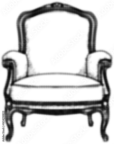 Black and white halftone illustration of a classic armchair design