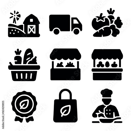 Farm-to-Table Icons. Solid, filled icons set of farm-to-table supply chain: local farm, delivery truck, fresh