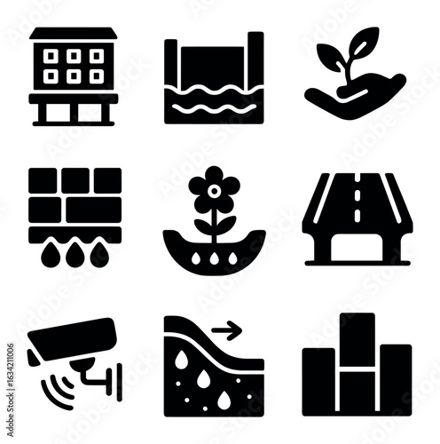 Resilient City Planning. Solid, filled icons set of resilient city planning: elevated building, flood wall,