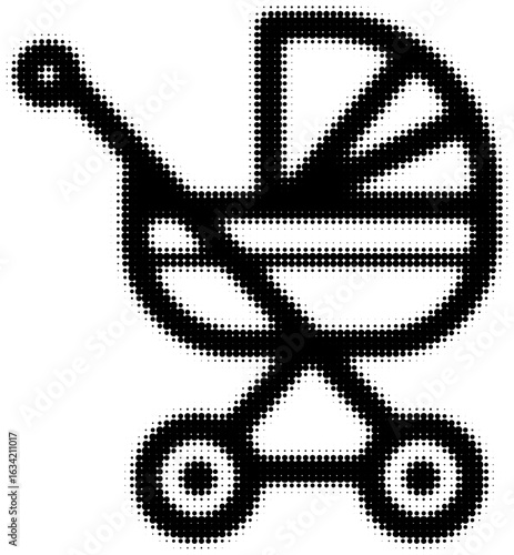 Black and white dotted icon of a baby stroller with a vintage design